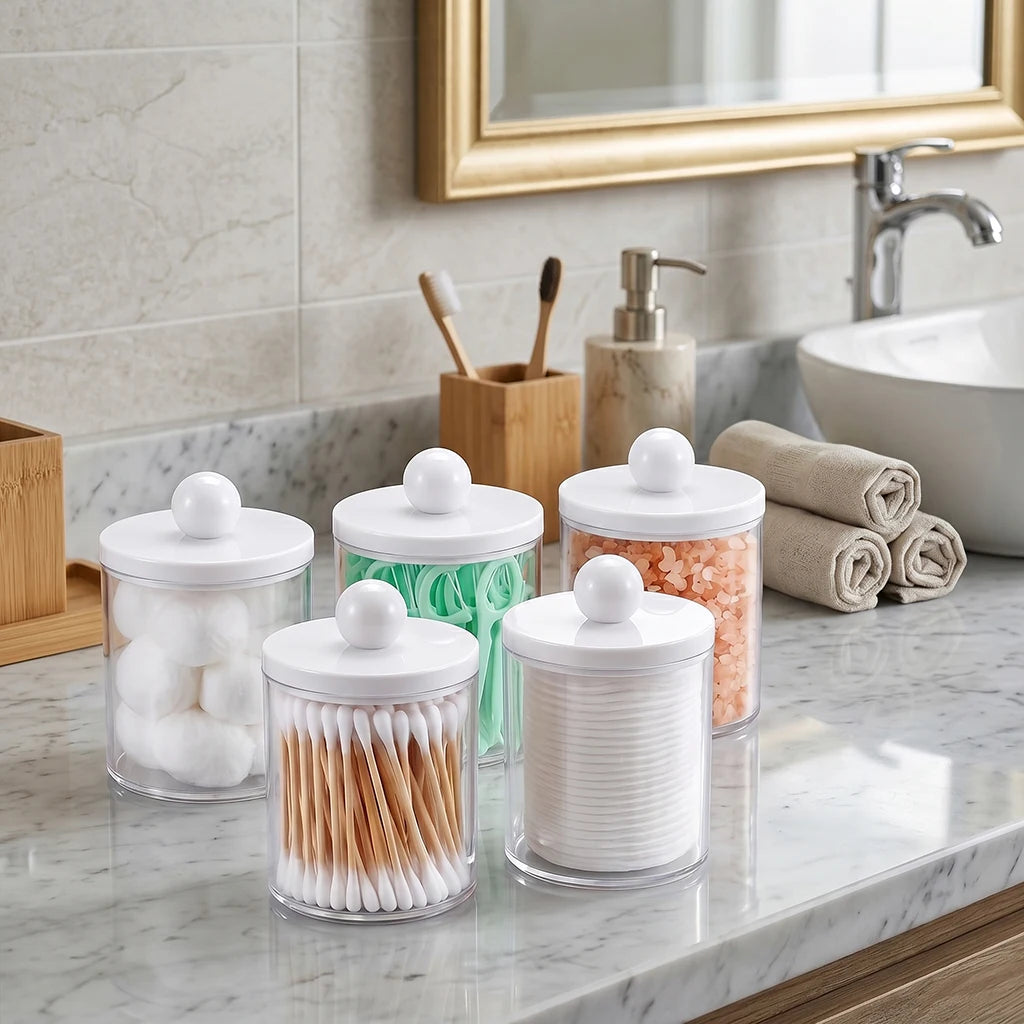 4/6 Pcs Swabs Holder Dispenser Bathroom Canister Storage Box Organization Vanity Makeup Organizer 10 oz Clear Plastic Apothecary Peaceful Pleasures Health and Wellness