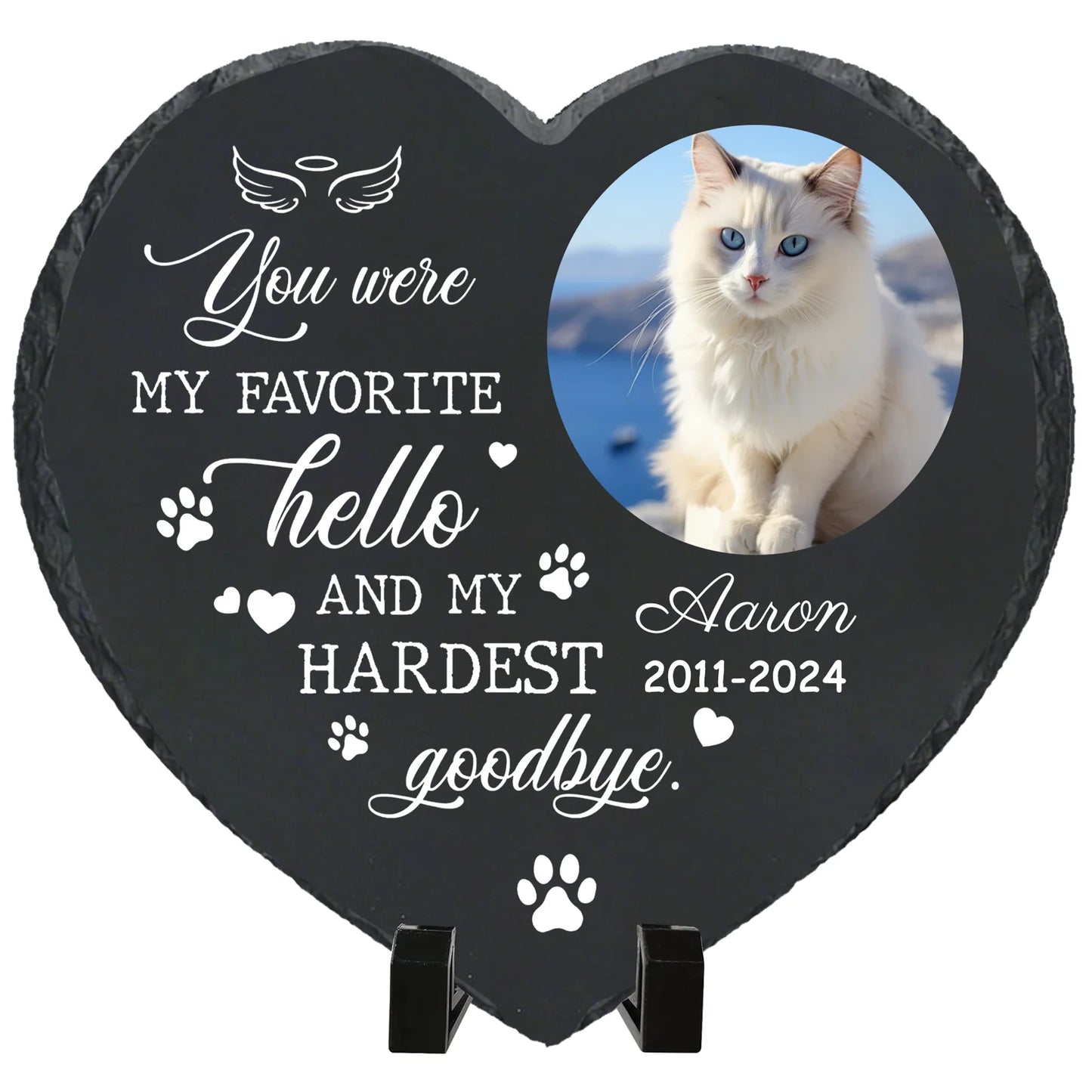 Personalized Pet Memorial Stone,Custom Cat Grave Marke Plaque With Photo&Name,Garden Slate Tombstone Pet Loss Remembrance Gift Peaceful Pleasures Health and Wellness With Plastic Stand-6 4inch