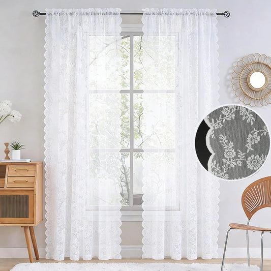 BLACK/WHITE Floral Lace Sheer Rod Pocket Curtain Panel Privacy & Light Filtering Machine Washable Bedroom Home Decor Peaceful Pleasures Health and Wellness