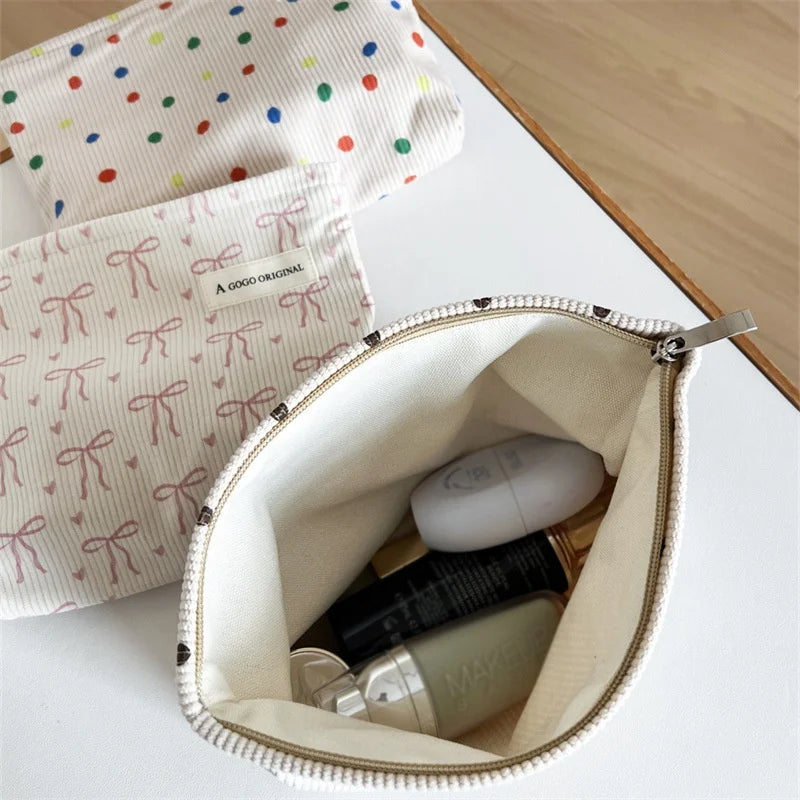 Corduroy Travel Makeup Bag with Bow – Zipper Cosmetic Pouch