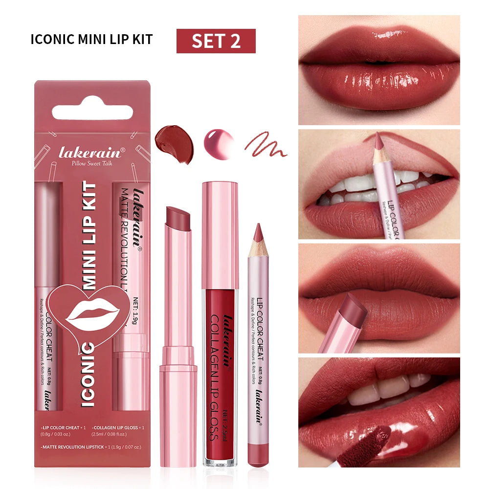 3 in 1 Lipstick Lip Liner Lip Gloss Set Easy Coloring Moisturizing Lip Sticks Suitable for All Occasions Lip Makeup Cosmetic Gif Peaceful Pleasures Health and Wellness set2