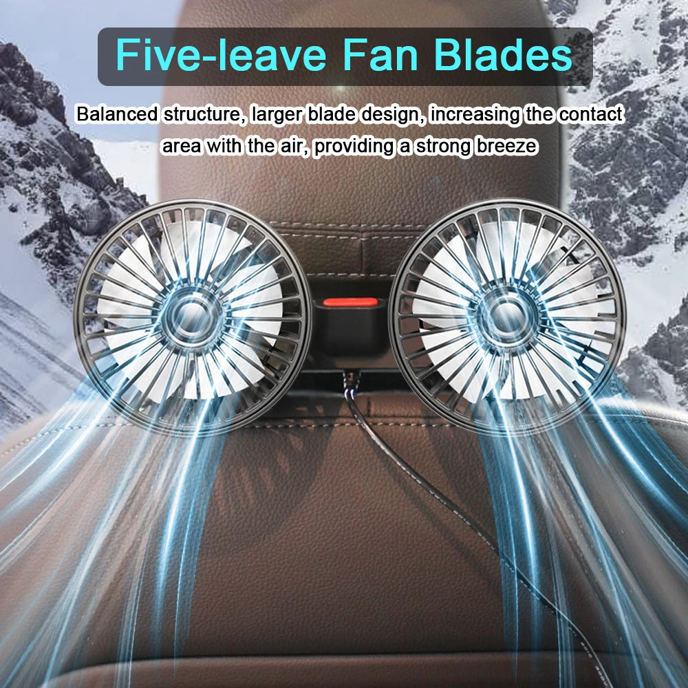Car Seatback Cooling Fan USB Charging Portable Dual Head 360 Degree