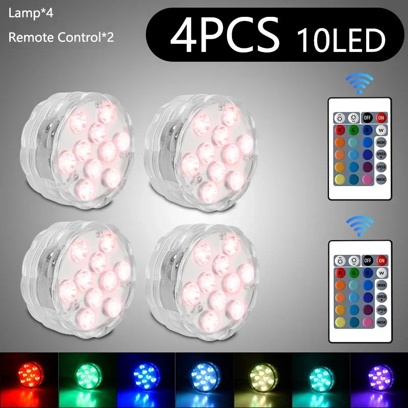 RGB Submersible LED Lights – 10 LED, IP68, Remote Control