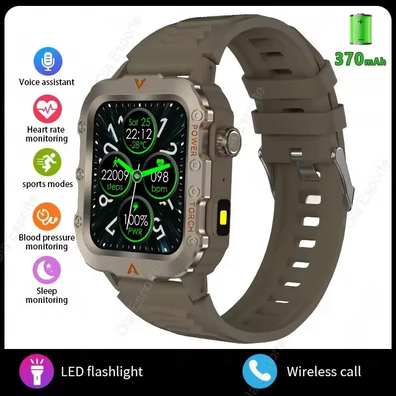 2026 New Military Outdoor Smart Watch Men's GPS Flashlight Bluetooth Call 2.01" AMOLED Screen 3ATM Waterproof Sports Smartwatch Peaceful Pleasures Health and Wellness Brown 1 Smartwatch