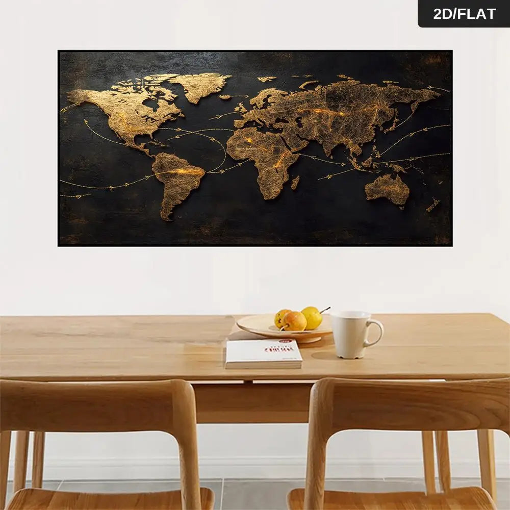 A modern abstract gold world map mural with connecting arrows, featuring a black and gold metallic finish, suitable for living r Peaceful Pleasures Health and Wellness