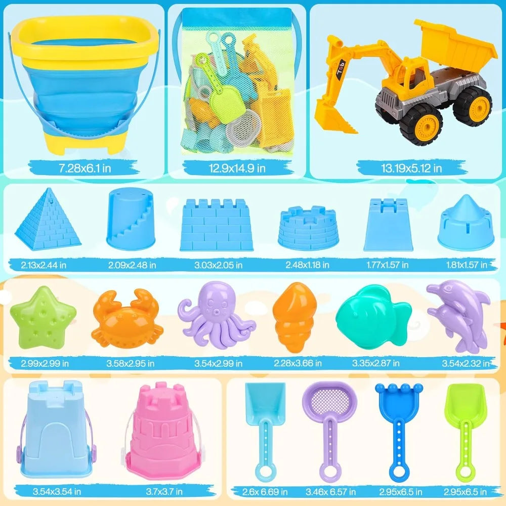 21-Piece Kids Beach Sand Toys Set – Excavator, Castle Molds & Bucket