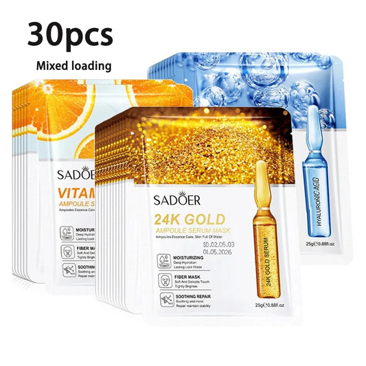 30/15pcs SADOER 24K Gold Vitamin C Hyaluronic Acid Facial Masks Face Moisturizing Firming Hydrating Face Mask Facial Skin Care Peaceful Pleasures Health and Wellness