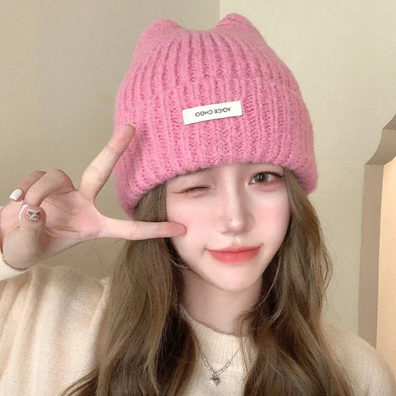 Cat Ear Knitted Beanie – Korean Style Winter Hat for Women