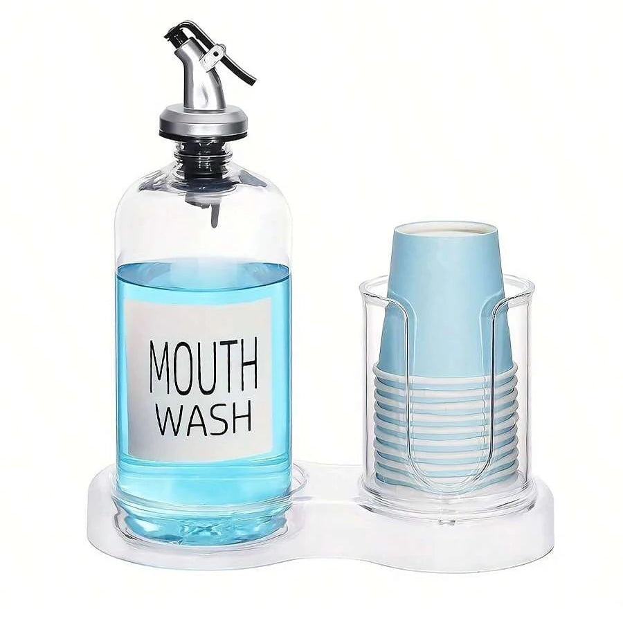 Mouthwash Dispenser with Cup Holder & Tray – 3-Piece Clear Pump Bottle Bathroom Organizer Set