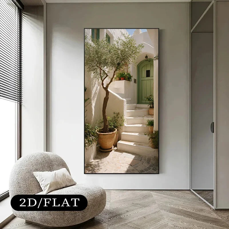 1pc Unframed Canvas Wall Art Mediterranean-Style Staircase with Olive Tree and Green Door, for Living Rooms, and Bedrooms Decor Peaceful Pleasures Health and Wellness