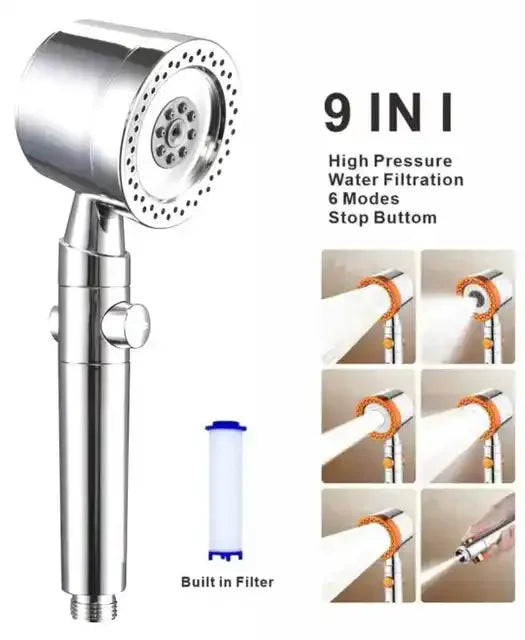5-Mode High-Pressure Handheld Shower Head with Filter & Stop Button