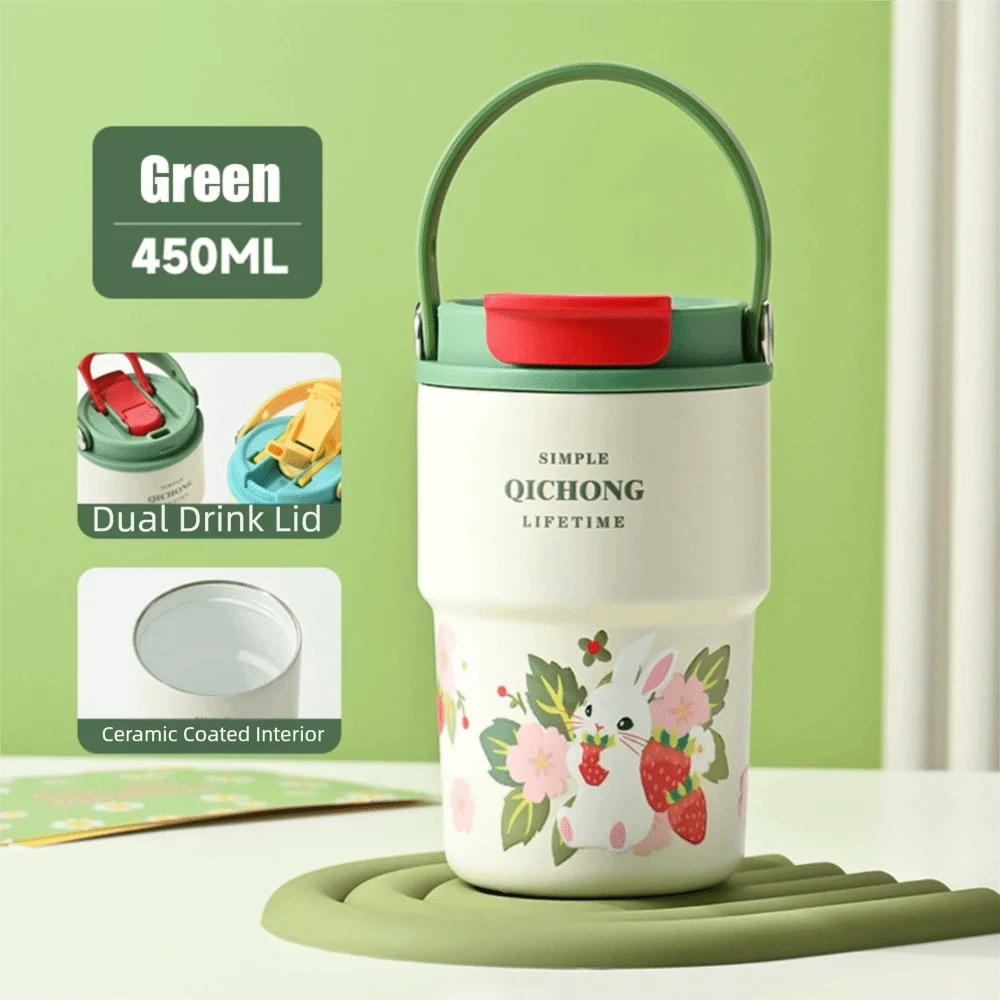New Ceramic Liner Insulated Cup 450ML Handle Vacuum Mug Double drinking straw Water Bottle Gifts Peaceful Pleasures Health and Wellness Green-450ml <50ml