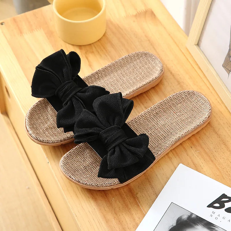 Women's Linen Bow Slides – Summer Indoor Slippers & Sandals