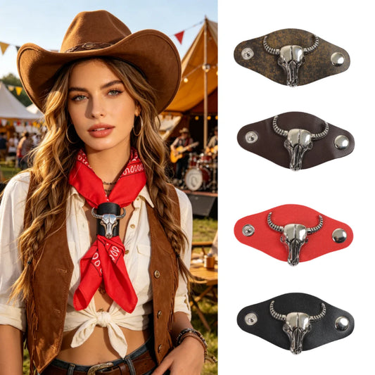 Western Cow Head Square Scarf Buckle Retro Metal Denim Clip Unisex PU Peaceful Pleasures Health and Wellness