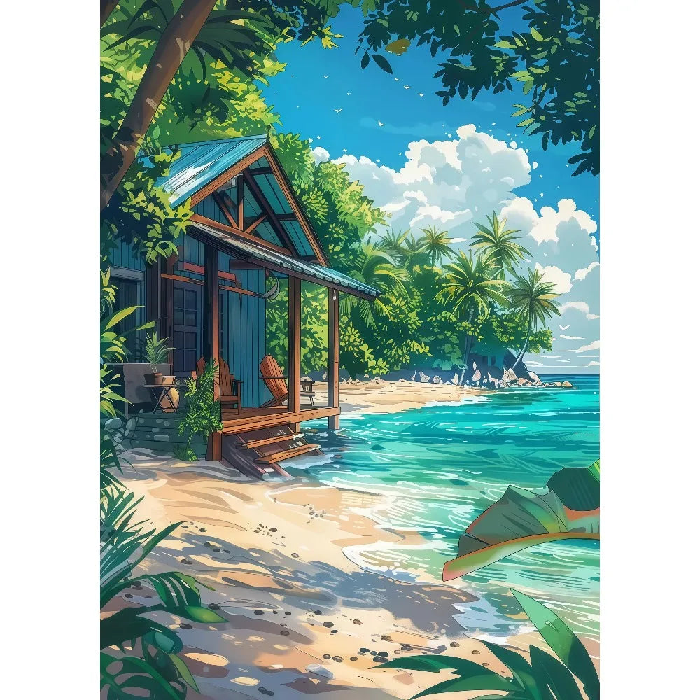 Anime Summer Landscape Canvas Wall Art | Beach Forest Cabin