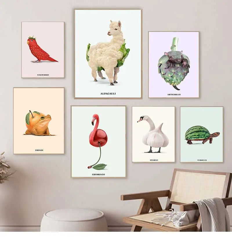 Funny Fruit Animal Poster, Kitchen Canvas Painting, Garlic, Goose,Cauliflower, Sheep Wall Picture, Living Room Decor Peaceful Pleasures Health and Wellness