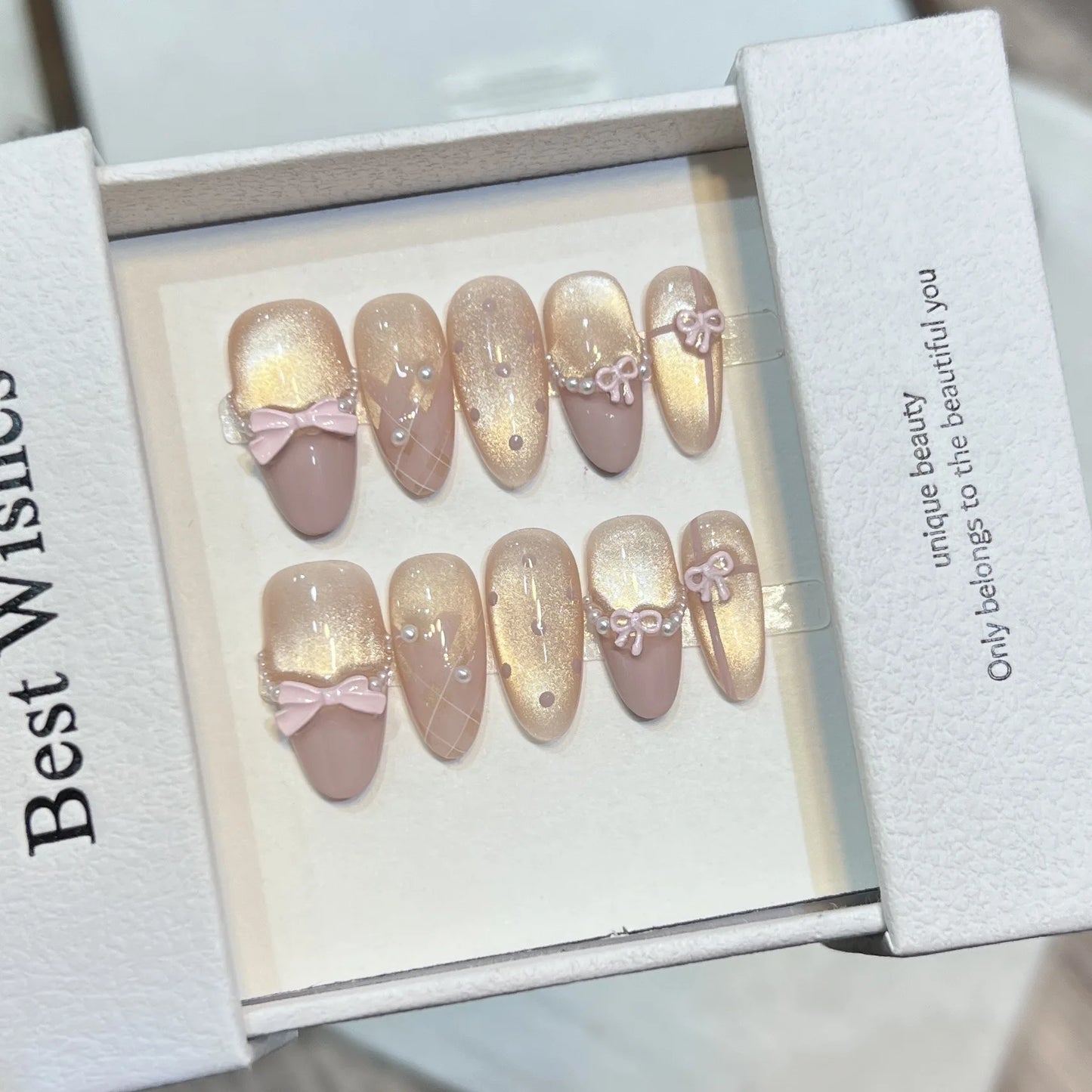 10pcs Handmade French Cat Eye Press on Nails Sweet Light Purple Bow Decor Fake Nails Wearable Korean Cute Ballet False Nails Peaceful Pleasures Health and Wellness