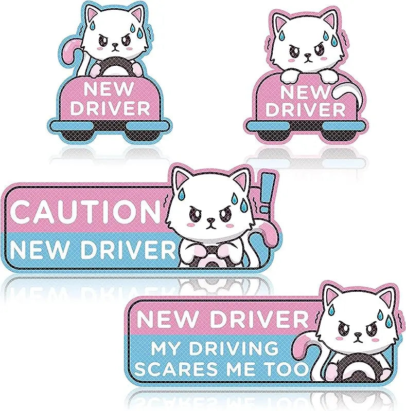 4-Pack Cartoon Cat New Driver Car Magnets | Reflective Safety Signs