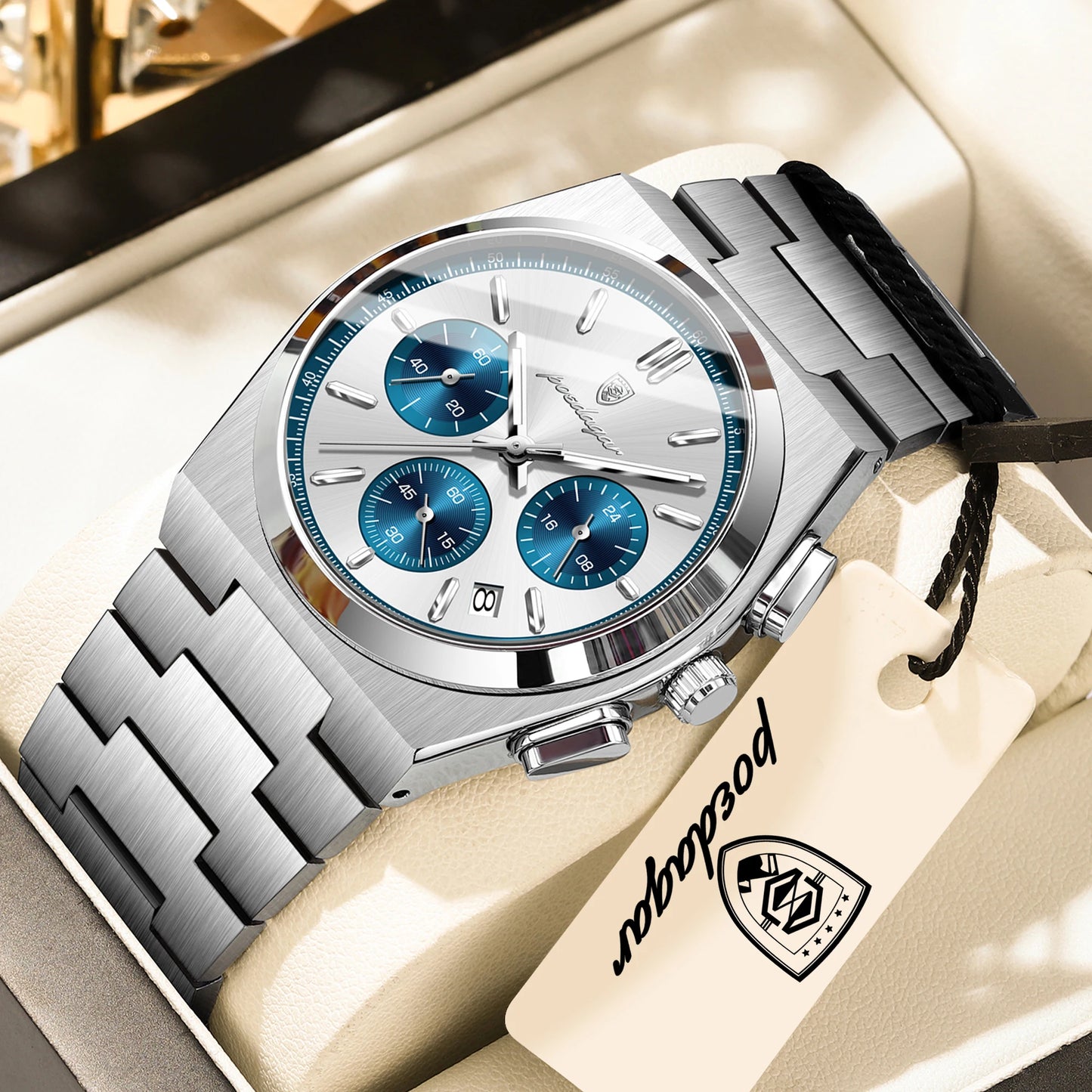POEDAGAR Top Business Men's Watch Chronograph Date Stainless Steel Classic Man Clock Waterproof Luminous Quartz Watches For Men Peaceful Pleasures Health and Wellness Silver White Blue China Mainland