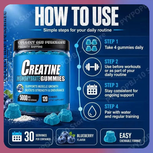 Blueberry Creatine Gummies 120ct – Energy & Muscle Support Creatine Gummies Peaceful Pleasures Health and Wellness