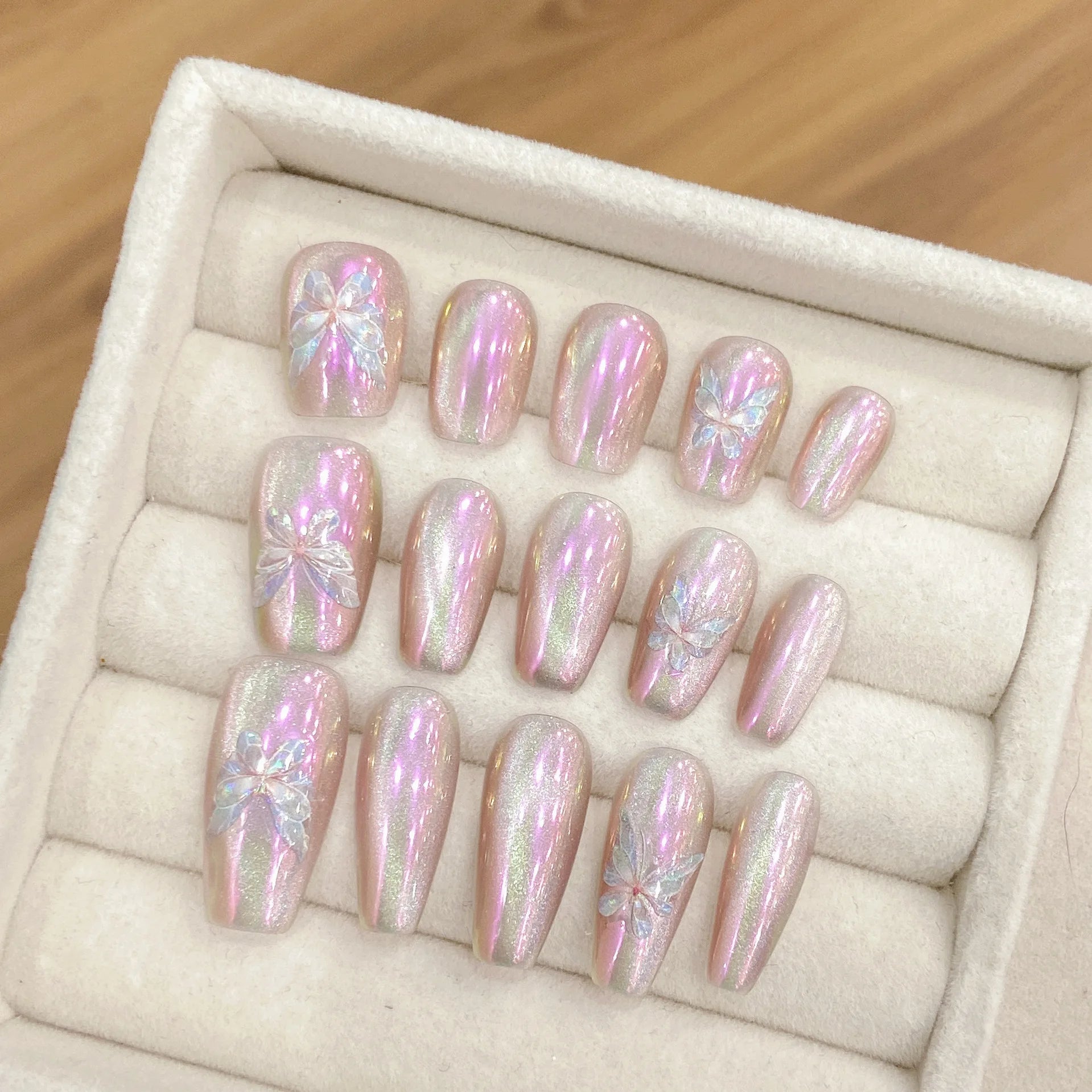 Handmade Press on Nails Purple Aurora Butterfly Mirror Fake Nail Tips Women Girl Wearable Short/Mid-length Coffin False Nails Peaceful Pleasures Health and Wellness