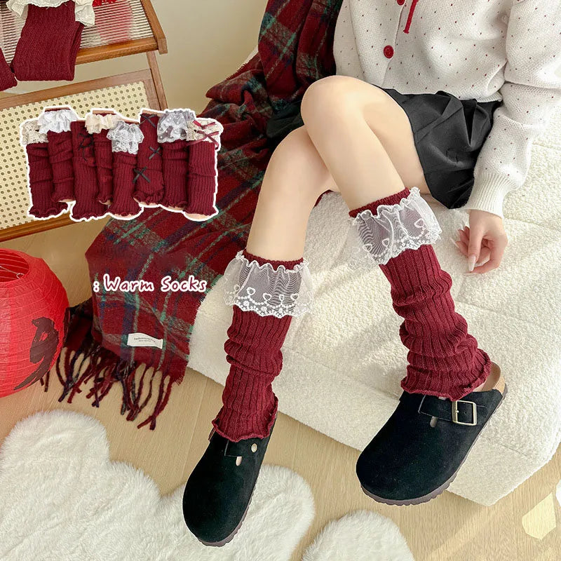 Fashionable Versatile Socks for Women Autumn Winter Red Legs Set Lolita Korean Lace Year Christmas Red Ballet Style JK Calf Sock Peaceful Pleasures Health and Wellness
