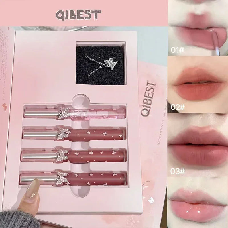 QIBEST New 4 PCs Soft Lip Colors Makeup Kits Include 3*Matte Liquid Lipstick And 1*Lip Balm Oil Cosmetic Sets With Necklace Gift Peaceful Pleasures Health and Wellness Lip Makeup Sets