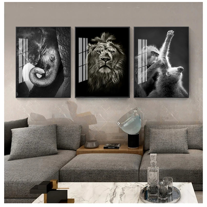 Black & White Animal Canvas Wall Art | Zebra Lion Leopard