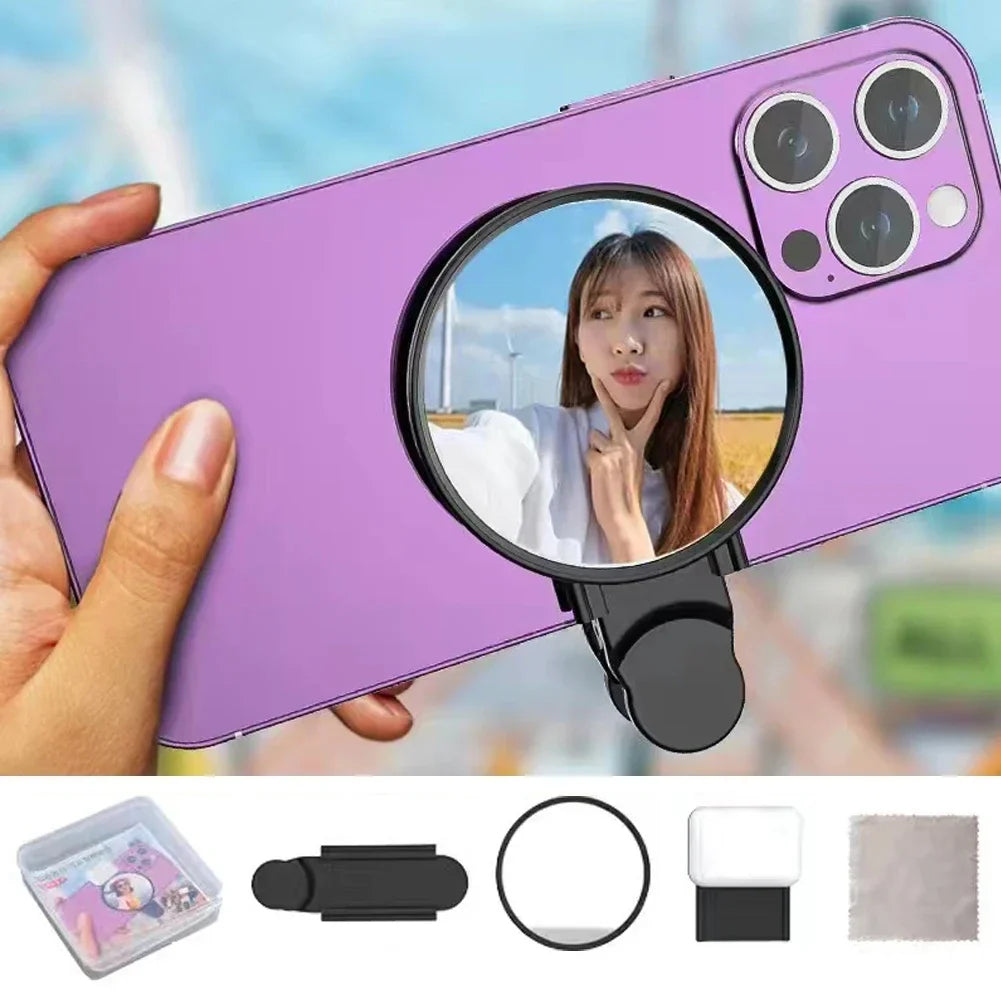 Clip-On Selfie Ring Mirror with Fill Light for Smartphone