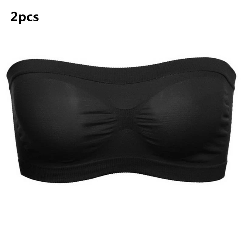 Lady's Sexy Strapless Crop Top Bra Bandeau Boob Tube Brassiere Summer Breathable Mesh Invisible Strapless without Chest Pad Wrap Peaceful Pleasures Health and Wellness Black 2pcs Free Size