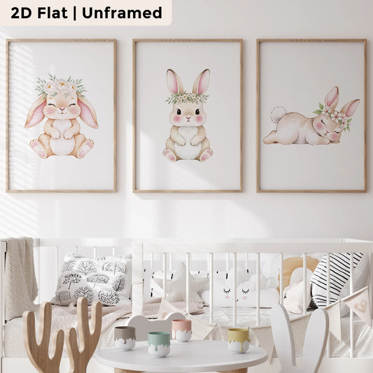3-Piece Pink Rabbit Wreath Canvas Wall Art | Kids Room Decor Canvas Wall Art Set Peaceful Pleasures Health and Wellness CH414-3pcs 30x40cm Unframed