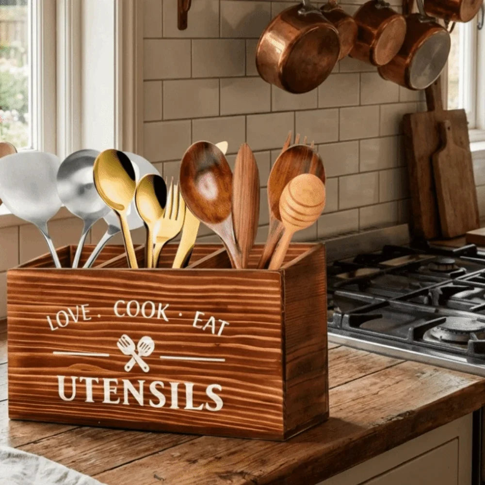 Wooden Utensil Holder – 3-Compartment Cutlery Organizer