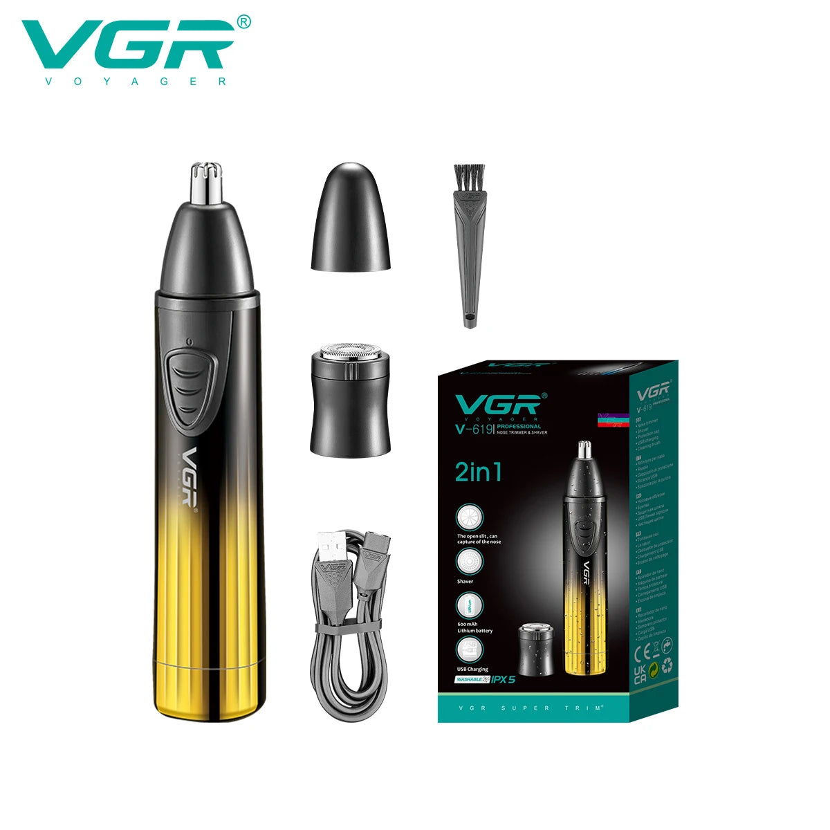 VGR new 2-in-1 hair trimming set convenient shaver sharp blade hair remover men's USB electric shaver nose hair trimmer V-619 Peaceful Pleasures Health and Wellness USB