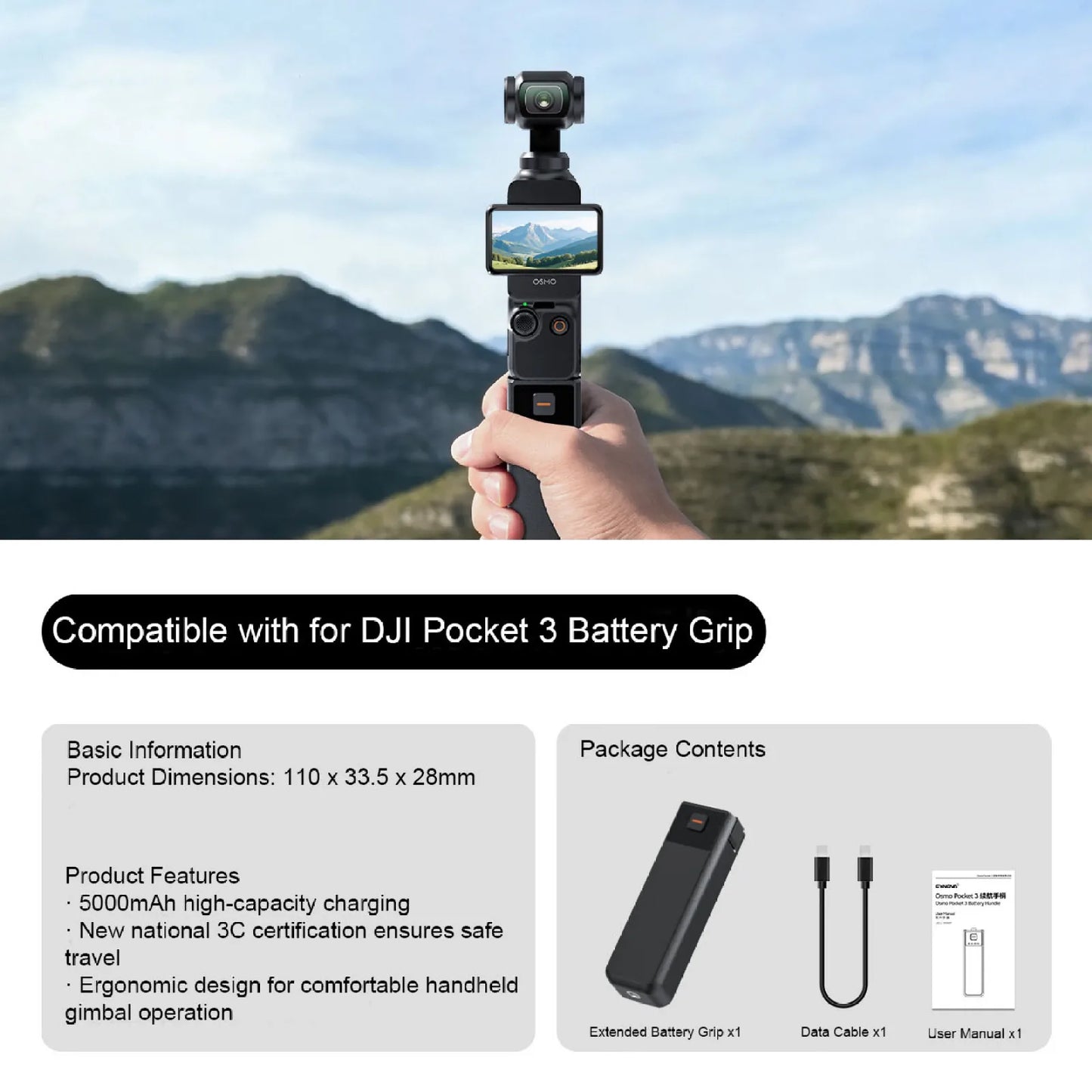 5000mAh Battery Grip For DJI Osmo Pocket 3 Portable Charging Handle With 21700 High-Density Cell 10W Pass-Through Charging Peaceful Pleasures Health and Wellness