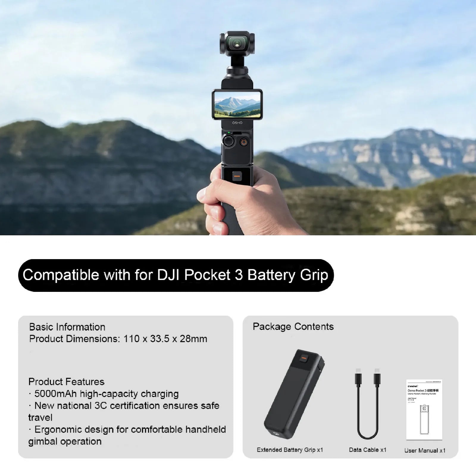 5000mAh Battery Grip For DJI Osmo Pocket 3 Portable Charging Handle With 21700 High-Density Cell 10W Pass-Through Charging Peaceful Pleasures Health and Wellness
