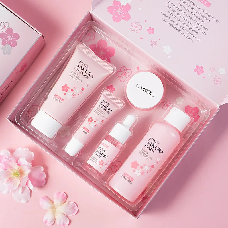 LAIKOU Sakura 5pcs Skin Care Kit Cleanser Toner Serum Eye Cream Essence Cream Moisturizing Beauty Gift Box For Women ﻿ Peaceful Pleasures Health and Wellness
