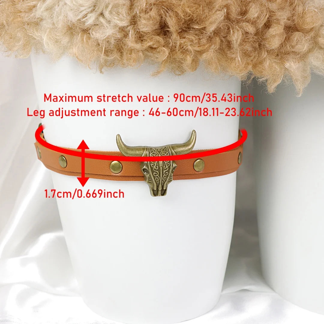 Women's Bohemian Retro Denim PU Leather Leg Strap Western Cow Head