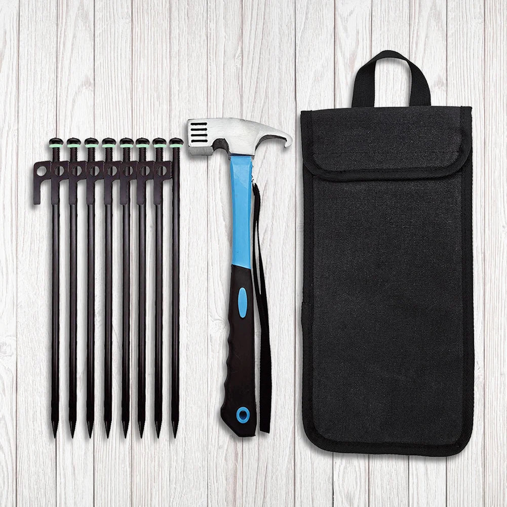 8-Piece Heavy Duty Forged Steel Tent Stakes with Hammer & Bag