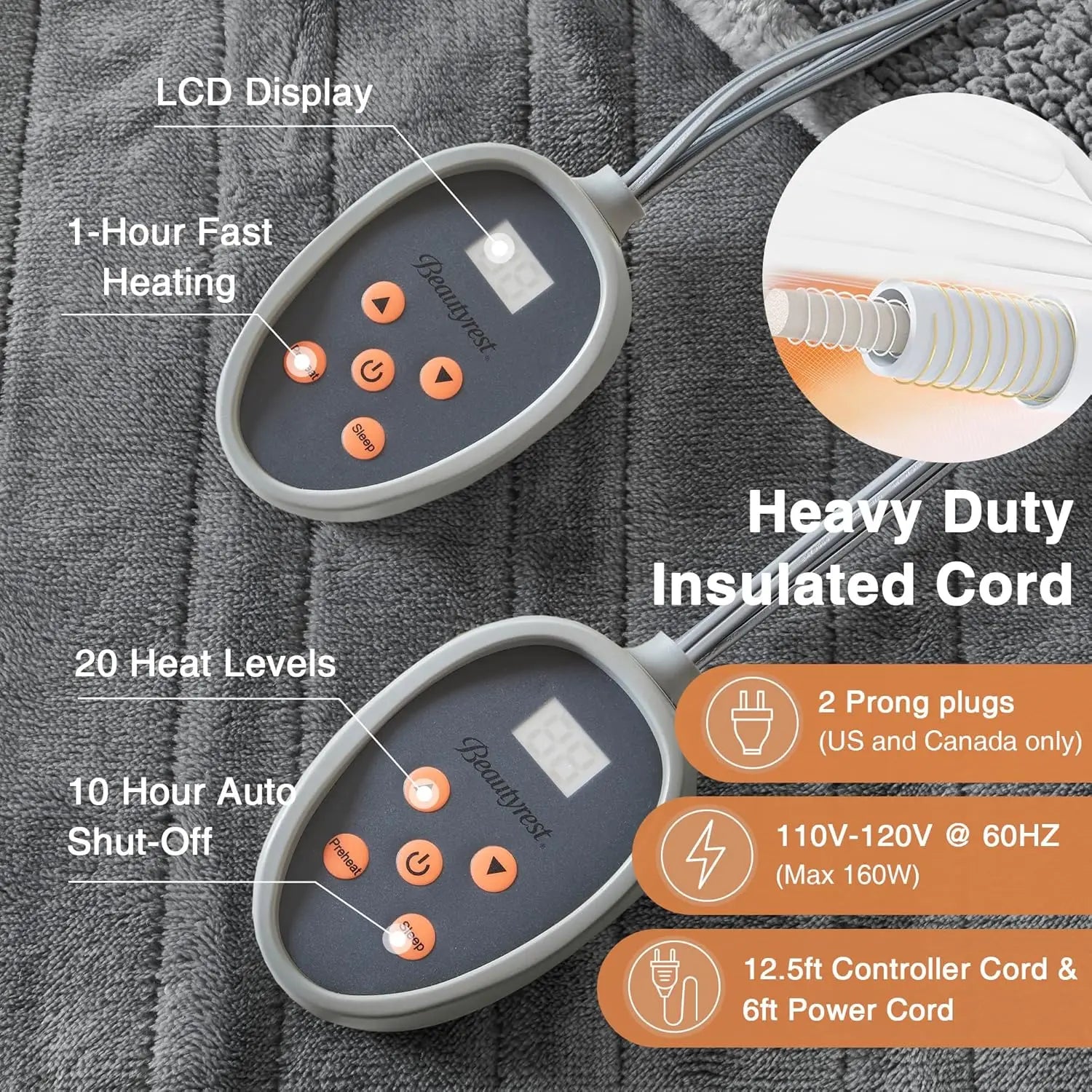 Electric Heated Blanket – 20 Heat Settings, Timer & Auto Shut-Off, Queen Size Grey Electric Blanket Peaceful Pleasures Health and Wellness