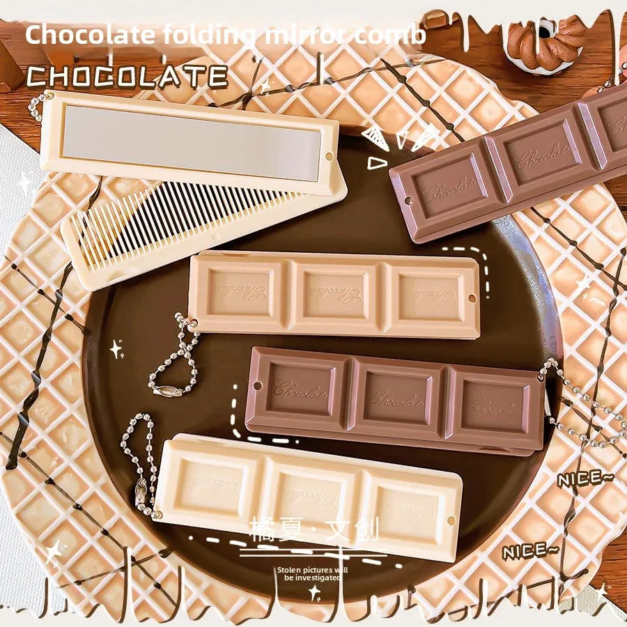 Chocolate Folding Mirror Comb High Appearance Level Cute and Girlish Small Folding Mirror Comb for Girl Portable Integrated Comb Peaceful Pleasures Health and Wellness