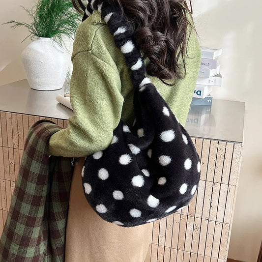 Korean Fashion Faux Fur Crossbody Bags for Women Trendy Large Capacity Sweet Polka Dot Versatile Tote Bag Fashionable Versatile Peaceful Pleasures Health and Wellness