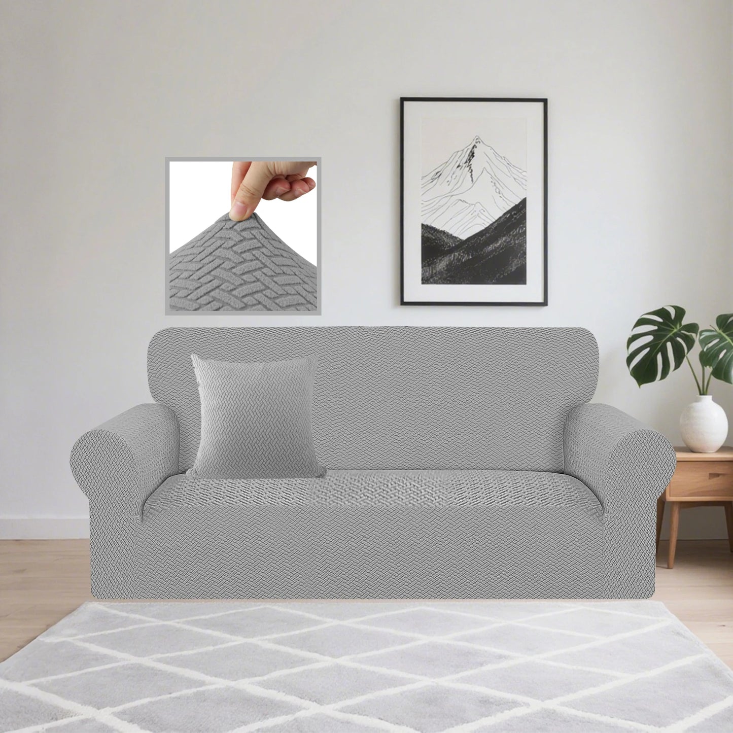 Stretch Sofa Cover Jacquard Spandex Elastic Sofa Slipcovers Couch Covers for Living Room Pets Kids Dogs Furniture Protector Peaceful Pleasures Health and Wellness Light Grey 1 Seater 90-140 cm
