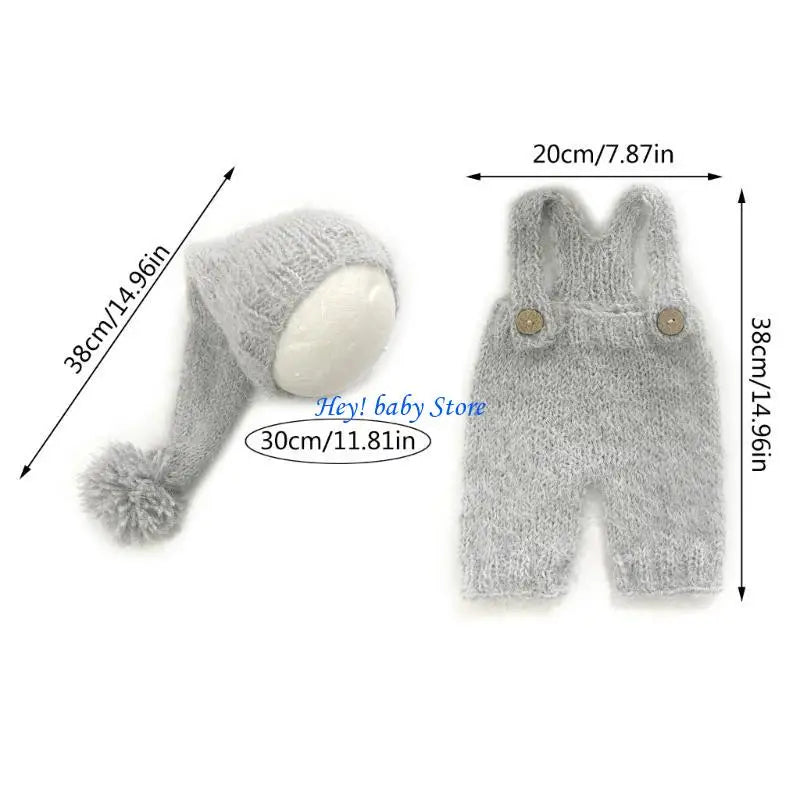 Newborn Photo Props Knit Turban Hat & Suspender Romper Set