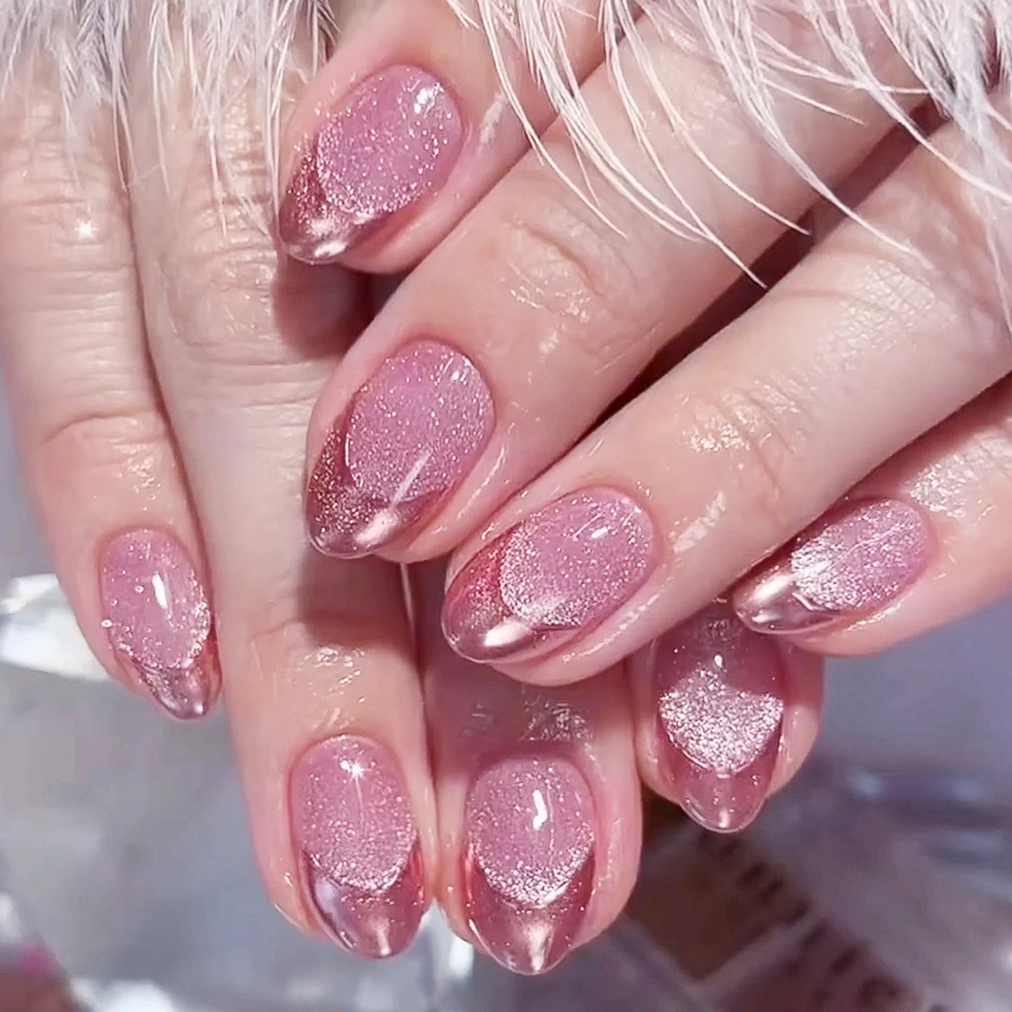 24pc Nude Pink Cat Eye Almond Press On Nails | Korean Style