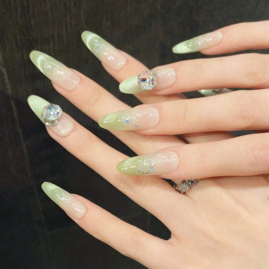 Press On Nails Matcha Green Cat Eye Rhinestones Long Oval 10pcs Press-On Nail Set Peaceful Pleasures Health and Wellness