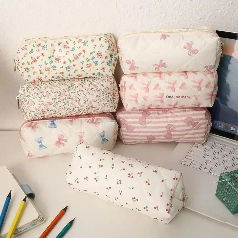 Cute Bow Floral Cherry Pencil Case – Large Capacity Pen Bag