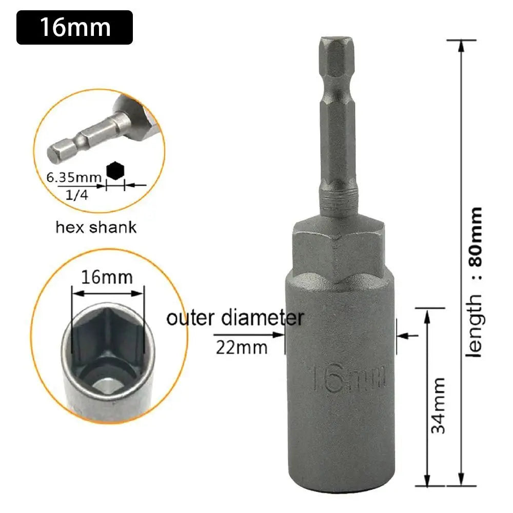 Magnetic Hex Nut Driver Bit Adapter 1/4" Shank 5.5–19mm 80mm