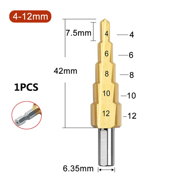 Straight Groove Step Drill Bit HSS Titanium Coated Wood Metal Hole Cutter Core Drilling Tools Set 4 Models 3-12 4-12 4-20 4-32 Peaceful Pleasures Health and Wellness 4-12 Step Drill Bit Hexagonal