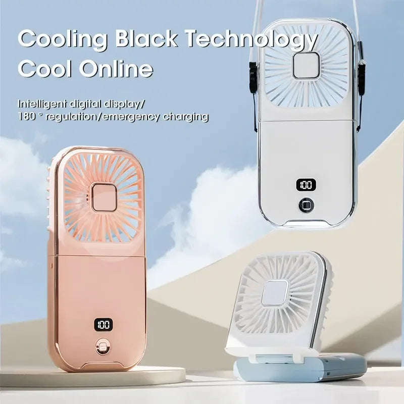 Portable 180° Rotation Neck Fan USB Rechargeable Foldable Mute Cooling Fan with Phone Holder Power Bank Digital Display Peaceful Pleasures Health and Wellness