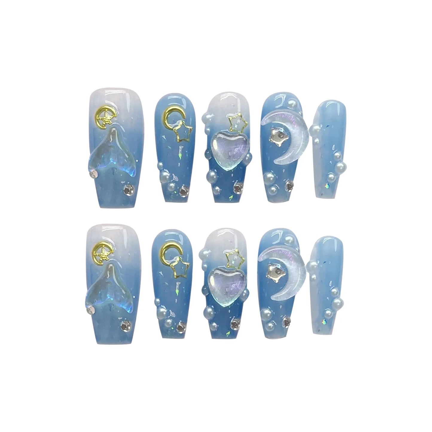 3D Star Moon Press On Nails – Gradient Blue Fairy Style